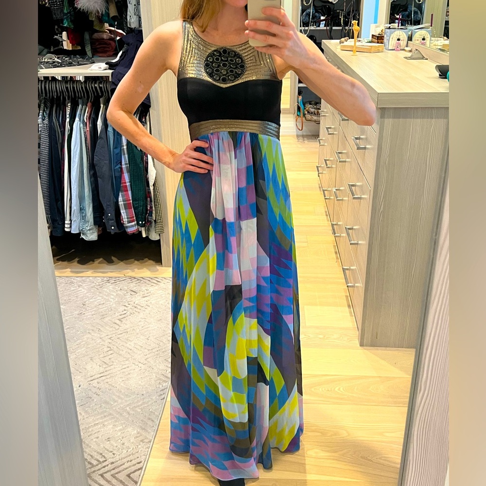 Gorgeous multi coloured maxi dress with black and gold detail, perfect for grad